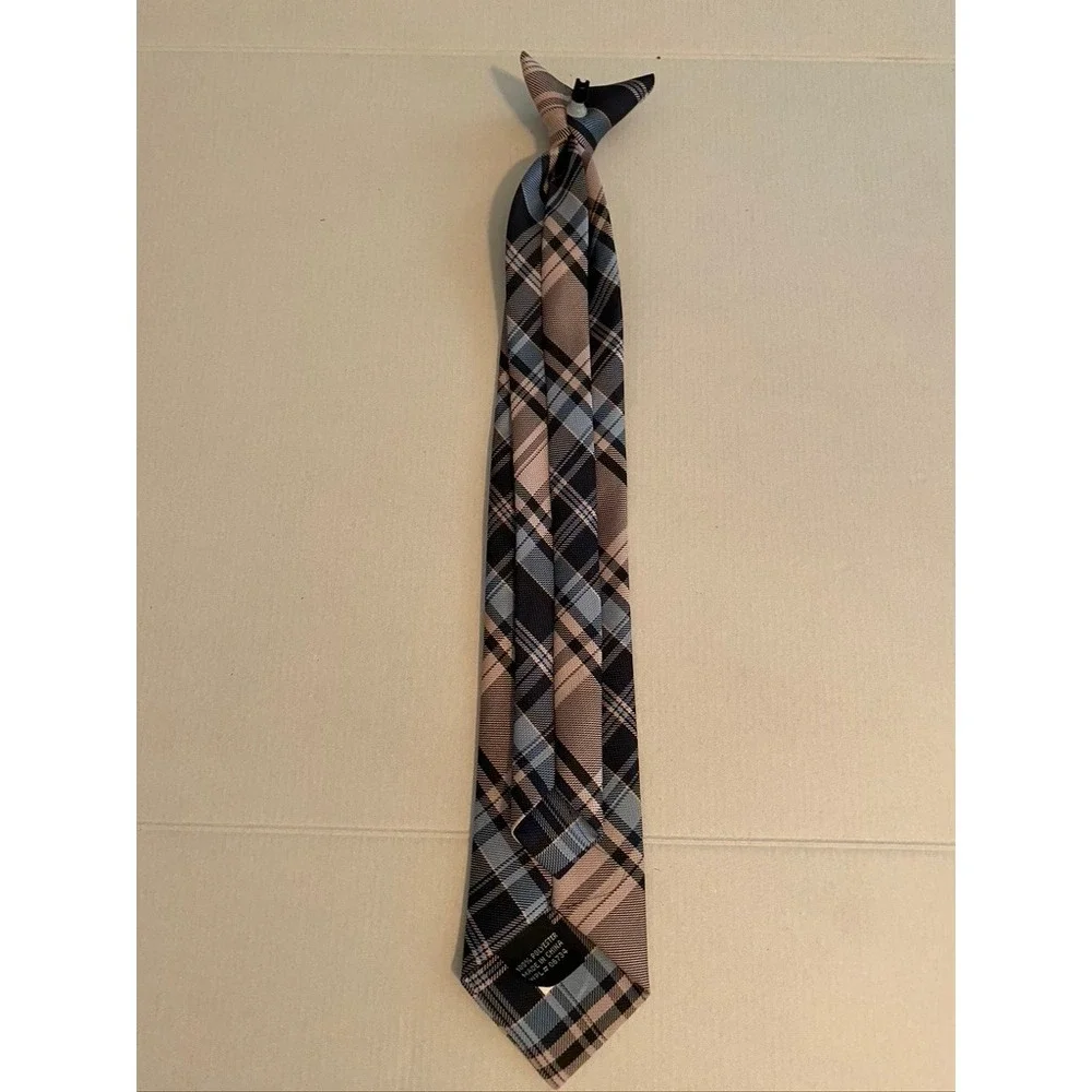 Boys Navy Blue Tan Plaid Clip-On Necktie‎ 14 Inch Formal School Uniform Tie